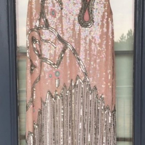 Vtg Howard Hearstfield Luxury Light Pink Silver Hand Beaded Sequin Silk Dress M - Picture 9 of 17